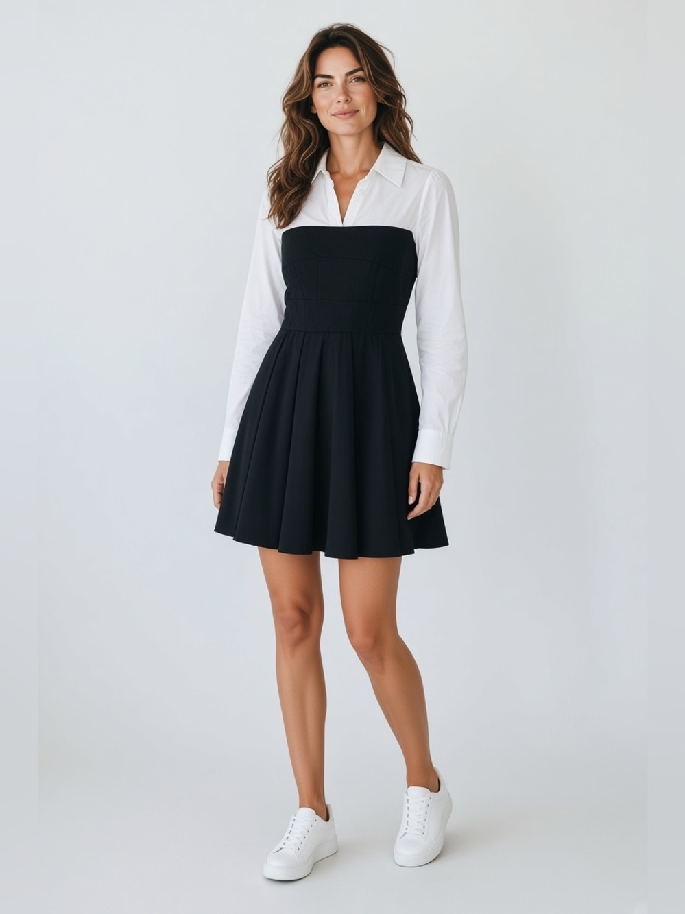 Black Strapless Fit & Flare Dress with White Shirt Detail